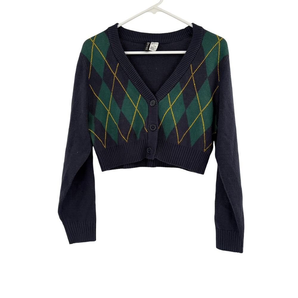 2/$30 DIVIDED by H&M Cardigan Size S Navy Blue Cropped Plaid Green - Picture 4 of 8
